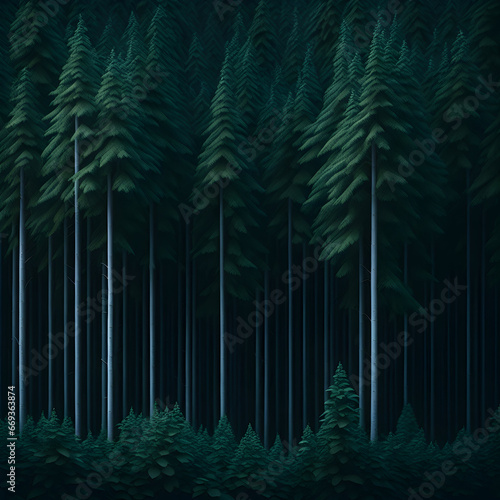 Dense Forest of Tall Dark Green Trees 