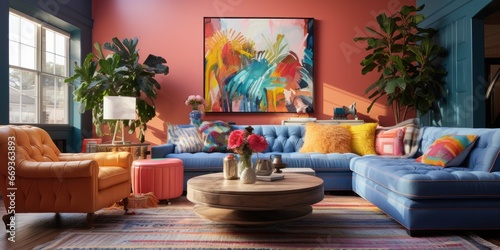 Design a colorful and eclectic living room with a mix of patterns and textures. AI Generative