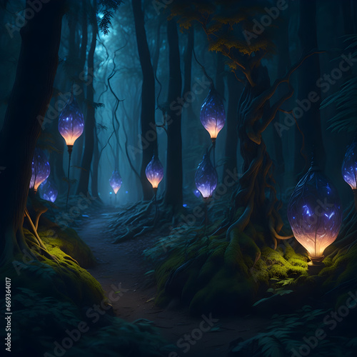Fantasy lights in the dark forest 