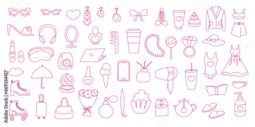 barbicore set elements pink line doodle doll