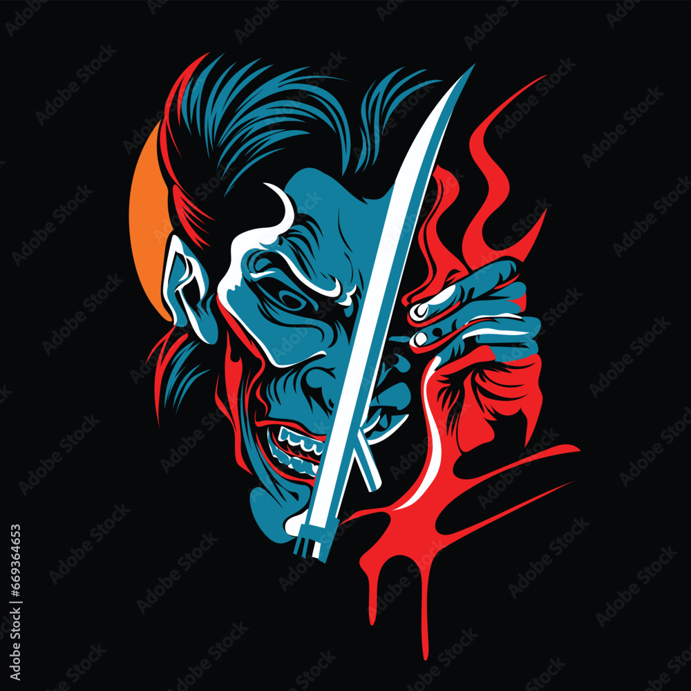 JAPANESE HANNYA HOLDING A SWORD - COOL AND UNIQUE VECTOR FILE