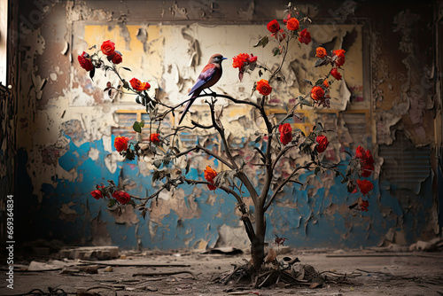 a bird sitting on top of a tree with red roses in it's branches and peeling wallpapers photo