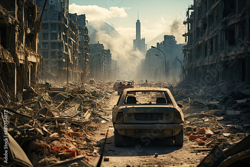 an old car parked in the middle of a destroyed city with buildings and rubbles all around it on a sunny day photo