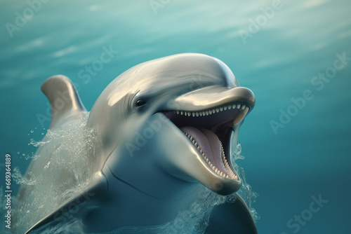 Nature, wildlife, animals concept. Happy dolphin jumping out of ocean or sea. Nautical background with copy space