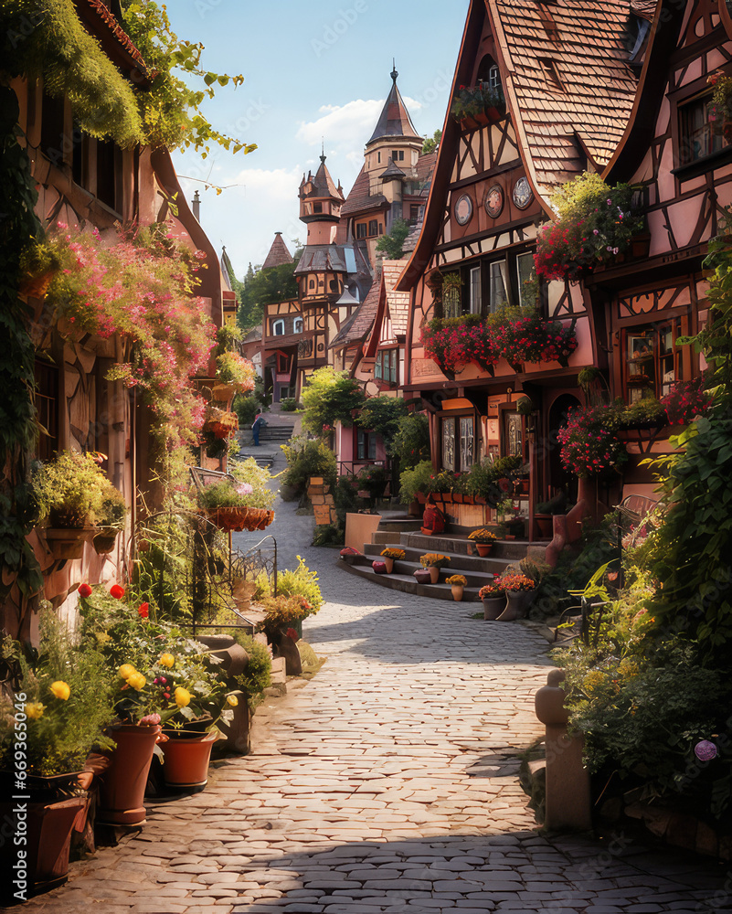 An ancient old town filled with flowers