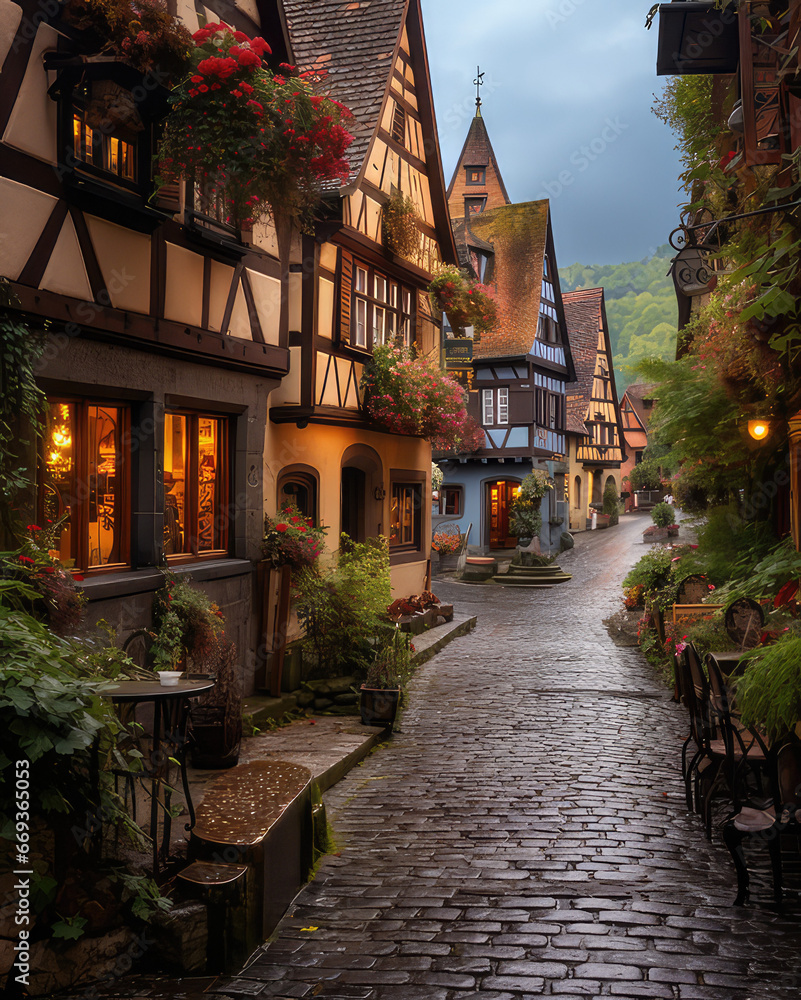 An ancient old town filled with flowers An ancient old town filled with flowers