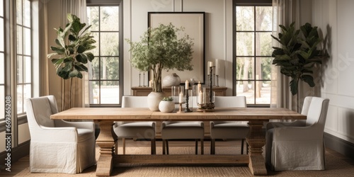 Design a modern farmhouse dining room with a reclaimed wood table, linen slip covered chairs, and a statement light fixture. AI Generative © Horsi