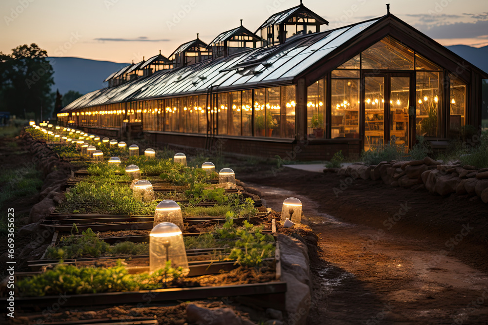 a greenhouse at night with lights on the roof and plants growing in rows along the walkway leading up to it