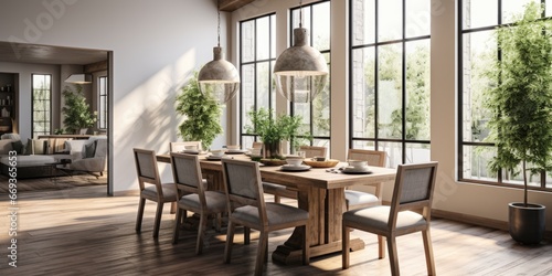 Design a modern farmhouse dining room with a reclaimed wood table  linen slip covered chairs  and a statement light fixture. AI Generative