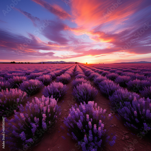 Evening lavender field at sunset