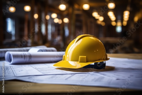 Work safety. Protective hard hat on blueprint drawings, blur industrial plant interior