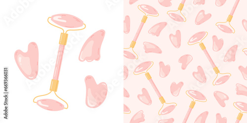 Pattern with pink guasha and Jade scraping roller