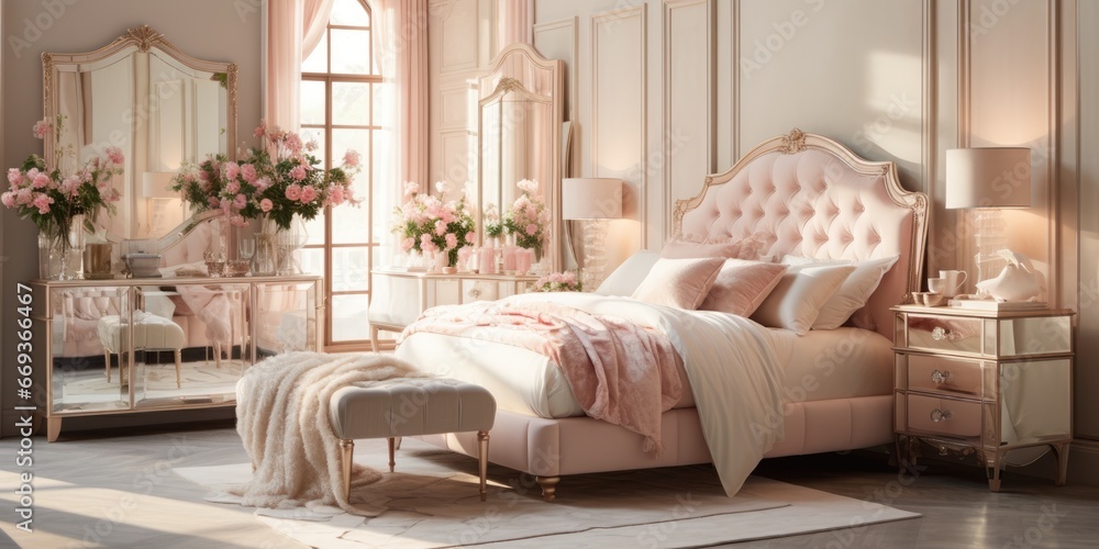 Design a Parisian-inspired bedroom with a tufted headboard, a crystal chandelier, and a mirrored vanity. AI Generative - obrazy, fototapety, plakaty 