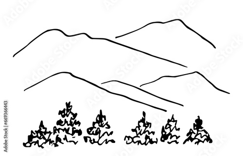 Simple vector drawing with black outline. Lines of mountains  coniferous trees  northern country. Nature and landscape. Sketch in ink.