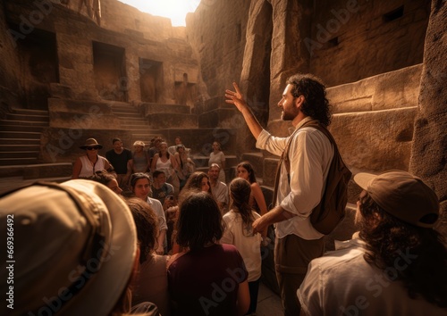 A guide giving a passionate speech to a group of tourists in front of a historical monument