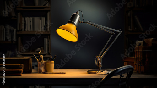 A shot of a desk lamp, with a soft yellow light shining on the papers photo