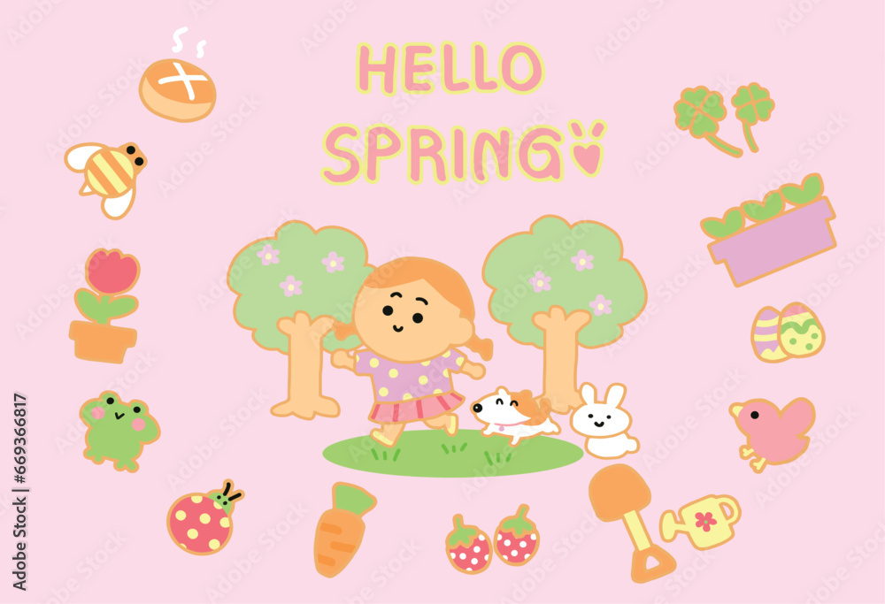 Digital art spring season and icon set ,lovely cartoon style.