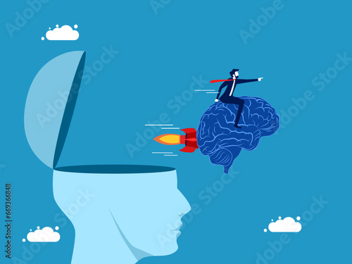 new thinking. Businessman controls brain flying out of head. Vector illustration © Nastudio
