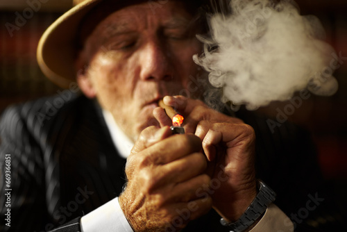 Photography Mature, man and cigarette with lighter for smoking to relax in space
