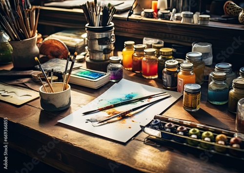 A high-angle shot of a calligrapher's workspace, showcasing an array of colorful ink bottles