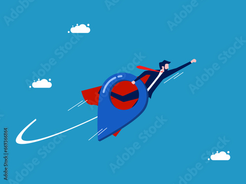 Place pin. Businessman flying searching for location. Vector illustration