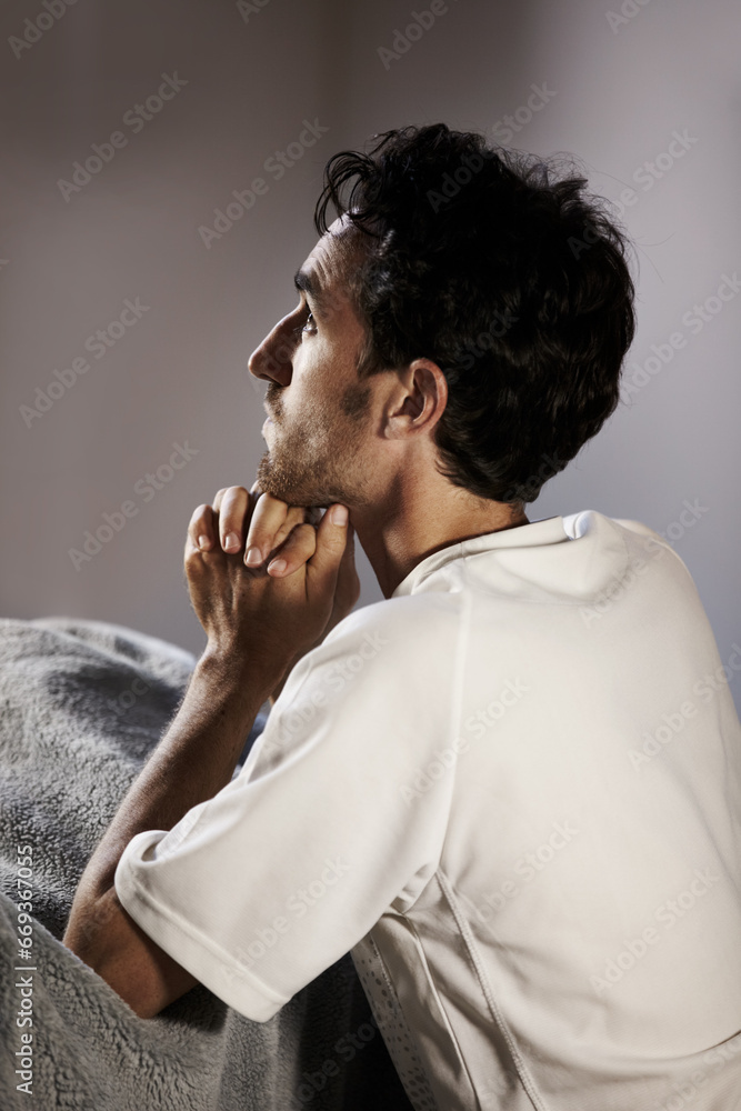 Man, praying and home for faith, religion and hope in bedroom asking for help with mental health, depression or loss. Sad Christian person in prayer thinking of job, spiritual guidance or worship God - obrazy, fototapety, plakaty 