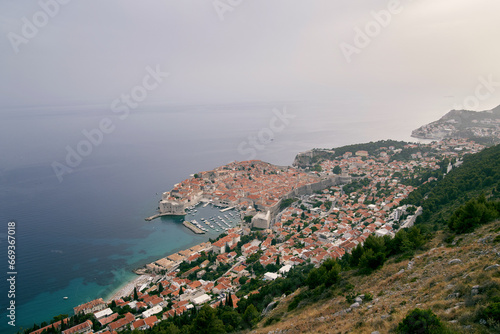 View from the mountain to Dubrovnik on the seashore. Croatia