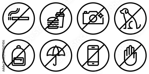 Set of prohibition line signs. No smoking, food and drinks, flash, animal, backpack, umbrella, phone outline icons isolated on white background. Do not touch symbol in linear style. Vector graphics