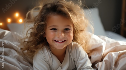 A little curly girl Smiles dreamily in bed under a blanket smiles and does not want to go to bed, happy bedtime