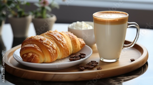 Cup of hot latte coffee with cholit milk foam with croissant. Tasty Morning breakfast