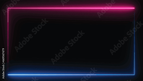 Blue and violet neon color rectangle empty frame. Square rectangle picture frame with two tone neon color motion graphic on isolated black background