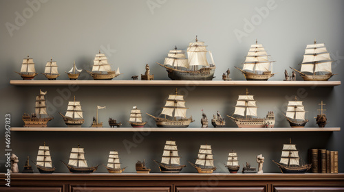 Vászonkép A set of model ships, lined up on a shelf