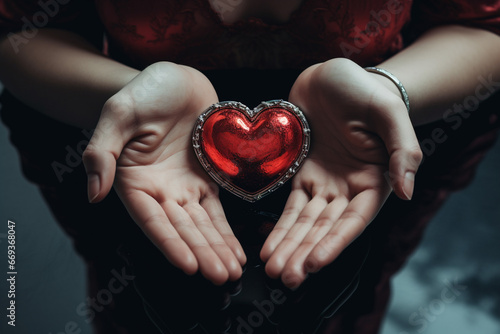 Love  care  family  Valentines Day concept. Woman hands holding artificial stylized metallic heart symbol in her hands. Close-up view