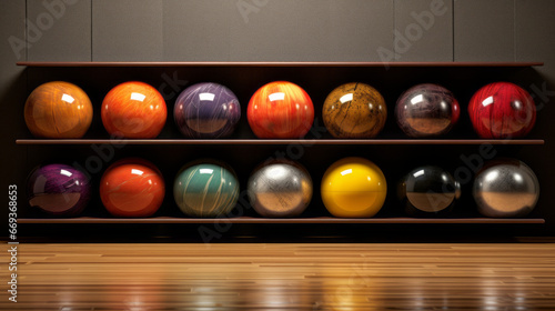 A set of bowling balls in a rack, with pins lined up at the end of the alley photo