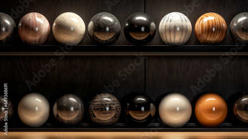 A set of bowling balls in a rack, with pins lined up at the end of the alley photo