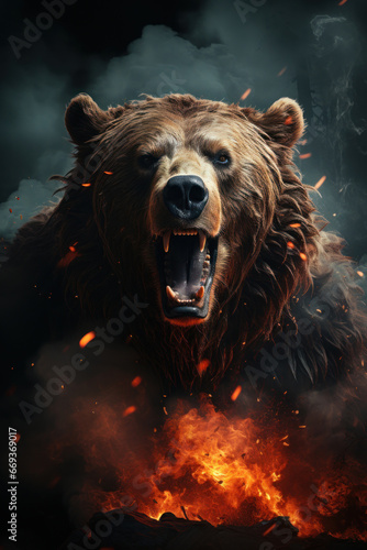 Illustration angry bear portrait fire and smoke. Generative AI
