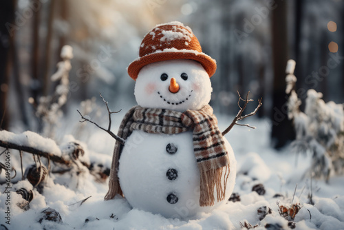 Realistic snowman in a red hat and scarf is smiling while standing in the snow near the fir trees. Christmas holidays. Generative AI