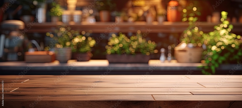 Rustic elegance. Empty wooden tabletop in bright vintage setting. Natural tranquility. Desk with charm and bokeh background. Retro vibes. Perfect blank slate for display