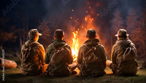 scouts sit by the campfire, generated with ai #669369259