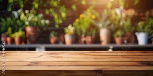 Rustic elegance. Empty wooden tabletop in bright vintage setting. Natural tranquility. Desk with charm and bokeh background. Retro vibes. Perfect blank slate for display