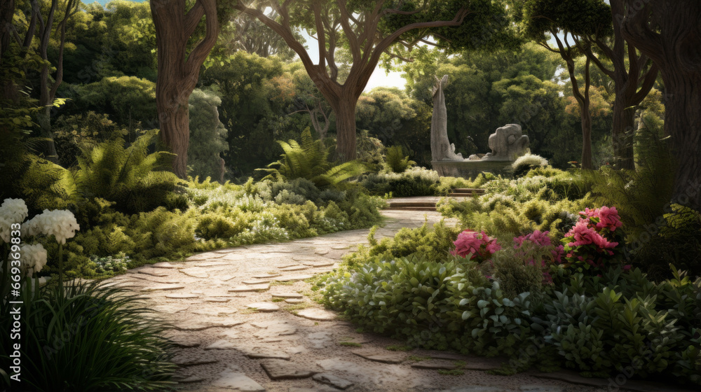 A serene garden, its pathways lined with lush plants and trees A serene garden, its pathways lined with lush plants and trees
