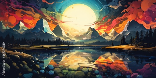 a surreal landscape with shifting colors and shapes inspired by a kaleidoscope, AI Generative