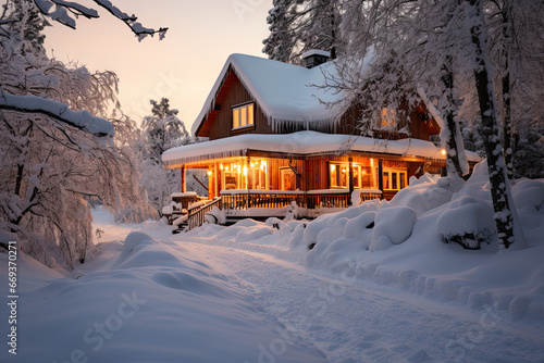 a house in the woods covered with snow at night, as seen from across the snowy path to the front door © Golib Tolibov
