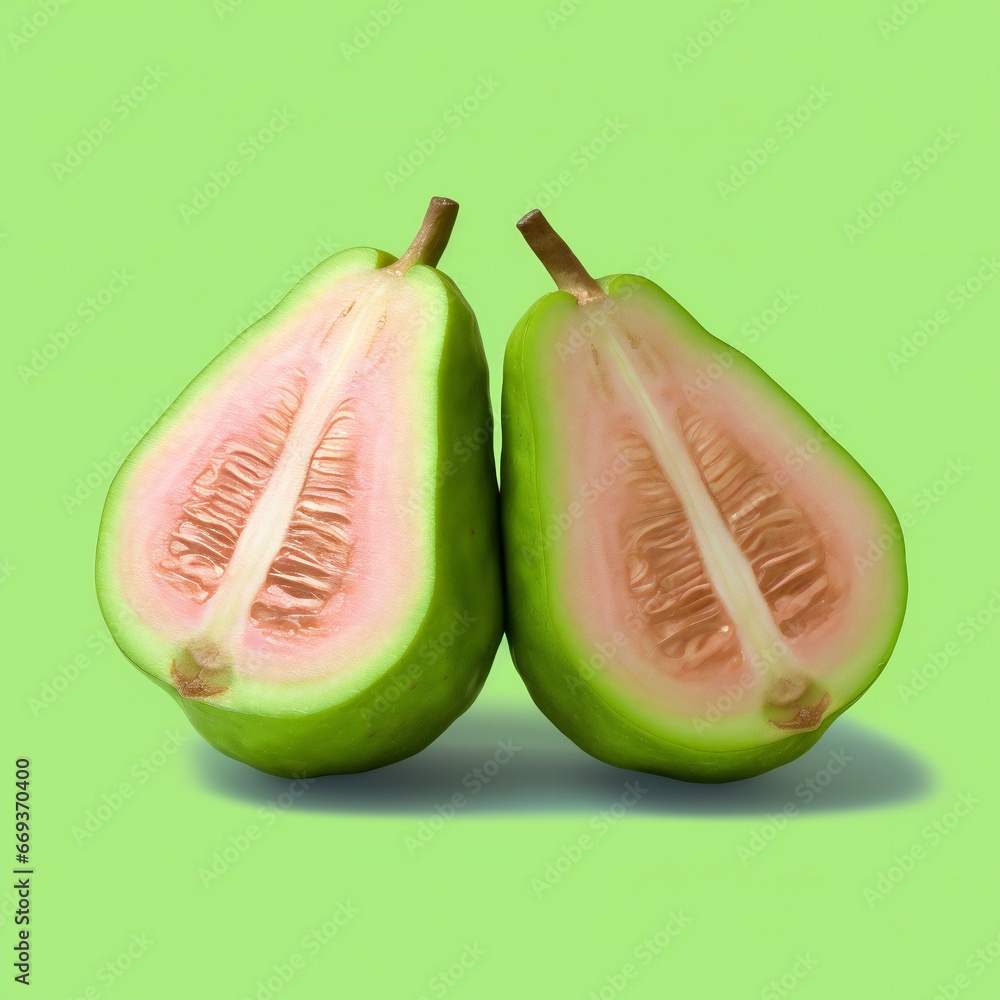 Isolated guavas. One cutted guava fruit with pink flesh isolated on green background Isolated guavas. One cutted guava fruit with pink flesh isolated on green background
