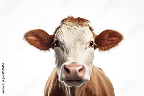 Rural charm. Close up portrait of curious on white background isolatedand dairy cow in meadow. Countryside beauty. Funny and grazing. Majestic bovine gaze. Beautiful dairy in nature © Thares2020