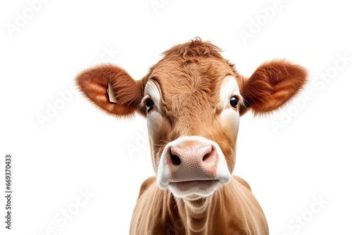Rural charm. Close up portrait of curious on white background isolatedand dairy cow in meadow. Countryside beauty. Funny and grazing. Majestic bovine gaze. Beautiful dairy in nature © Thares2020