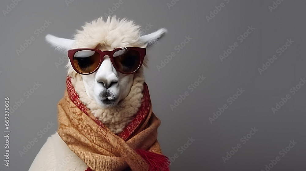A fashionable white alpaca sporting a scarf and glasses in a portrait against a plain background