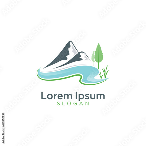 Mountain landscape with river or lake logo design. icon. vector illustration