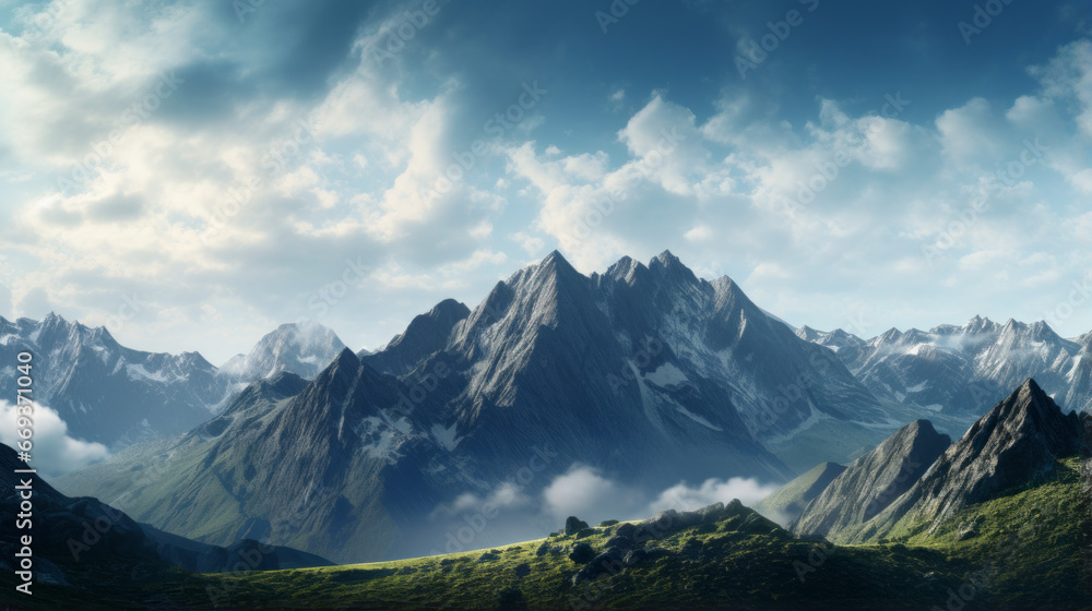 A rugged mountain range stands tall against the horizon, its jagged peaks piercing the sky and casting a majestic shadow across the land - obrazy, fototapety, plakaty 