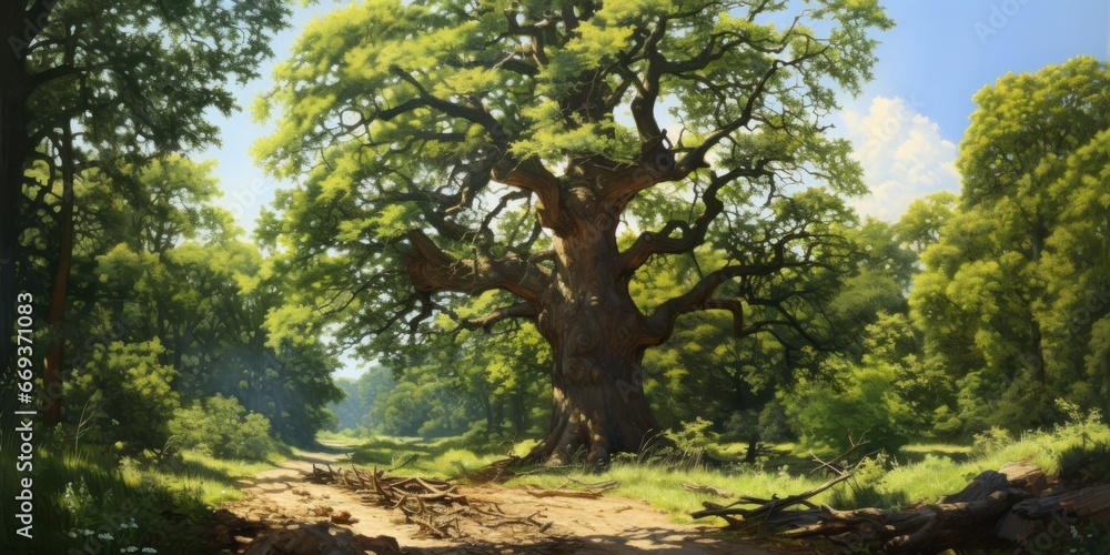 painting of huge oak tree, generative AI painting of huge oak tree, generative AI